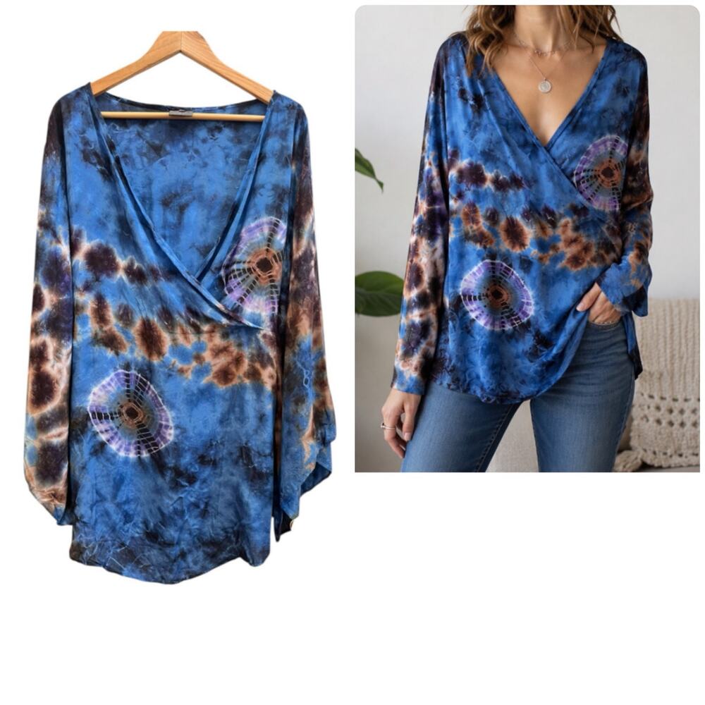Gypsy Rose Boho Chic Geode Pattern Brown Blue Tie Dye Blouse XL Whimsigoth